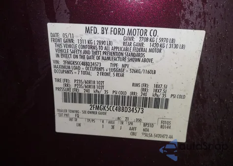 2011 Ford Flex Sel from USA, damaged, VIN 2FMGK5CC4BBD34573